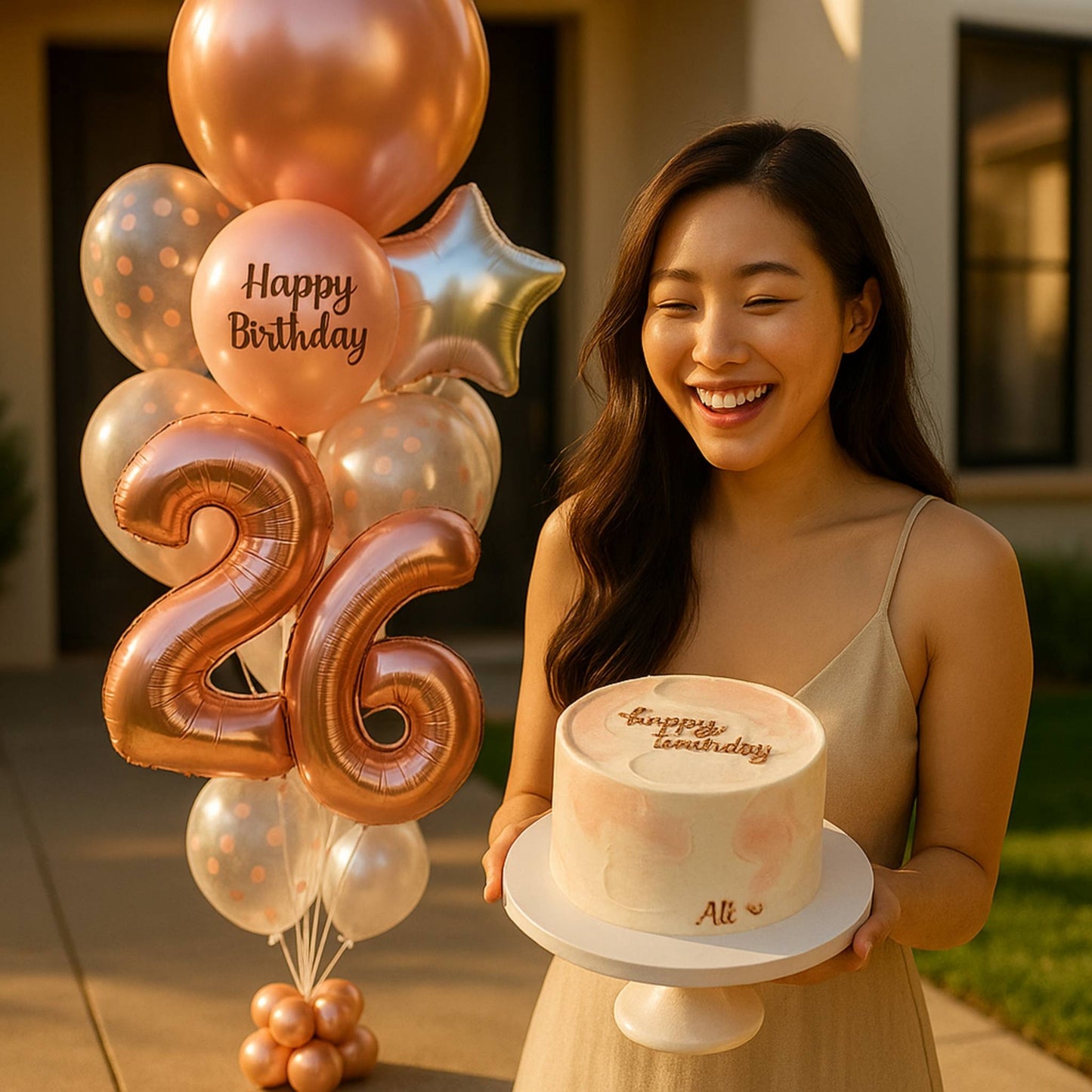 Woman holding a birthday cake with balloons in the background