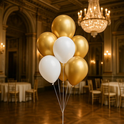 Classic helium balloon bouquet of 7 - chrome gold and white