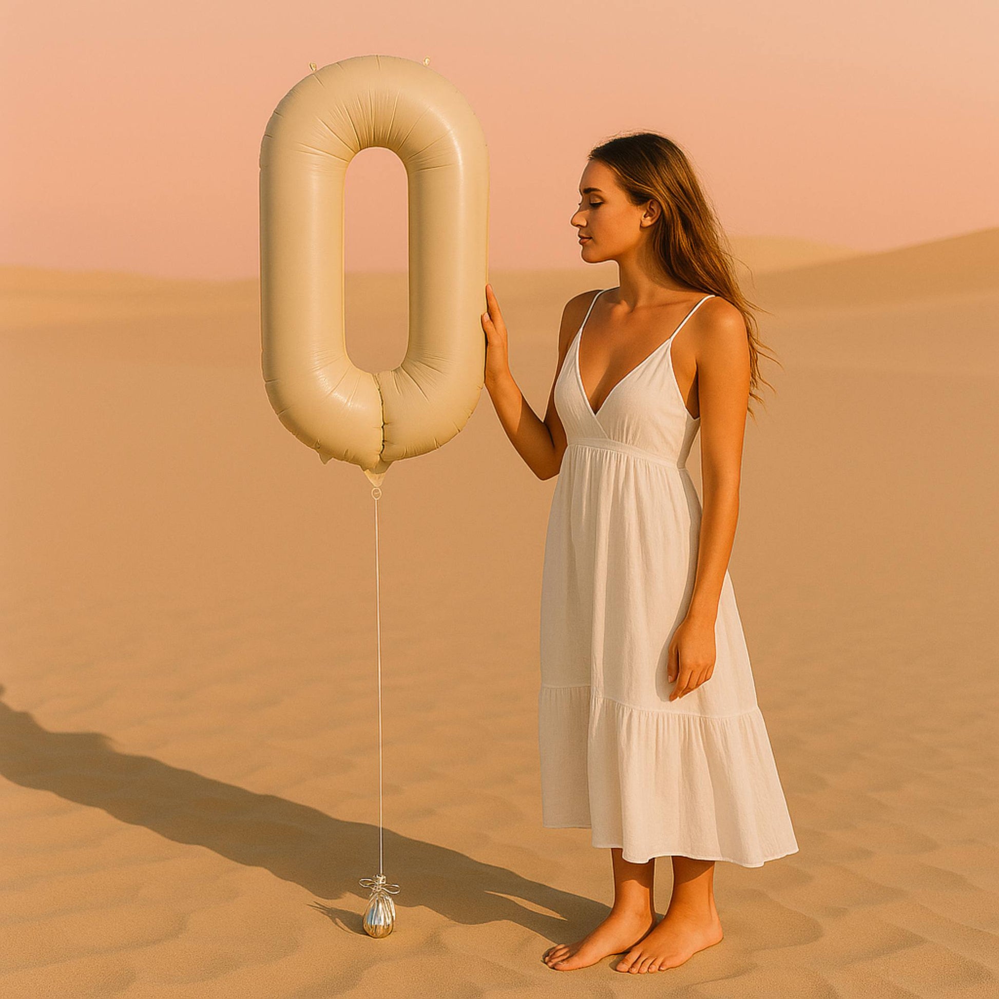 Woman in a white dress holding a large beige 0 foil balloon in a desert setting