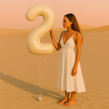 Woman in a white dress holding a large beige balloon shaped like the number '2' in a desert setting.