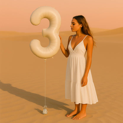 Woman in a white dress holding a large balloon shaped like the number three in a desert setting