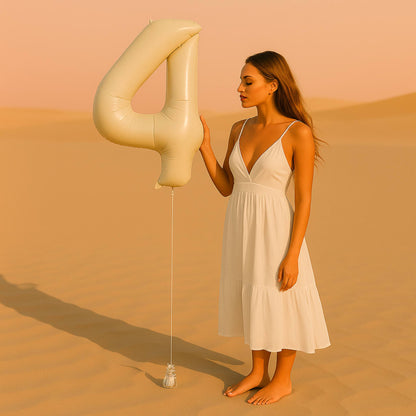 Woman in a white dress holding a large inflatable number '4' balloon in a desert setting.
