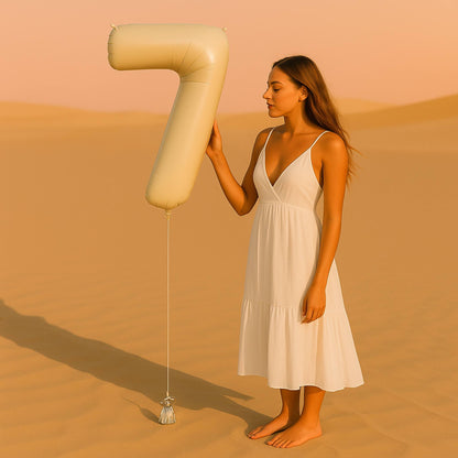 Woman in a white dress holding a large inflatable number '7' against a desert background