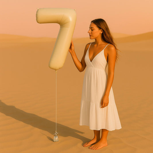 Woman in a white dress holding a large inflatable number '7' against a desert background