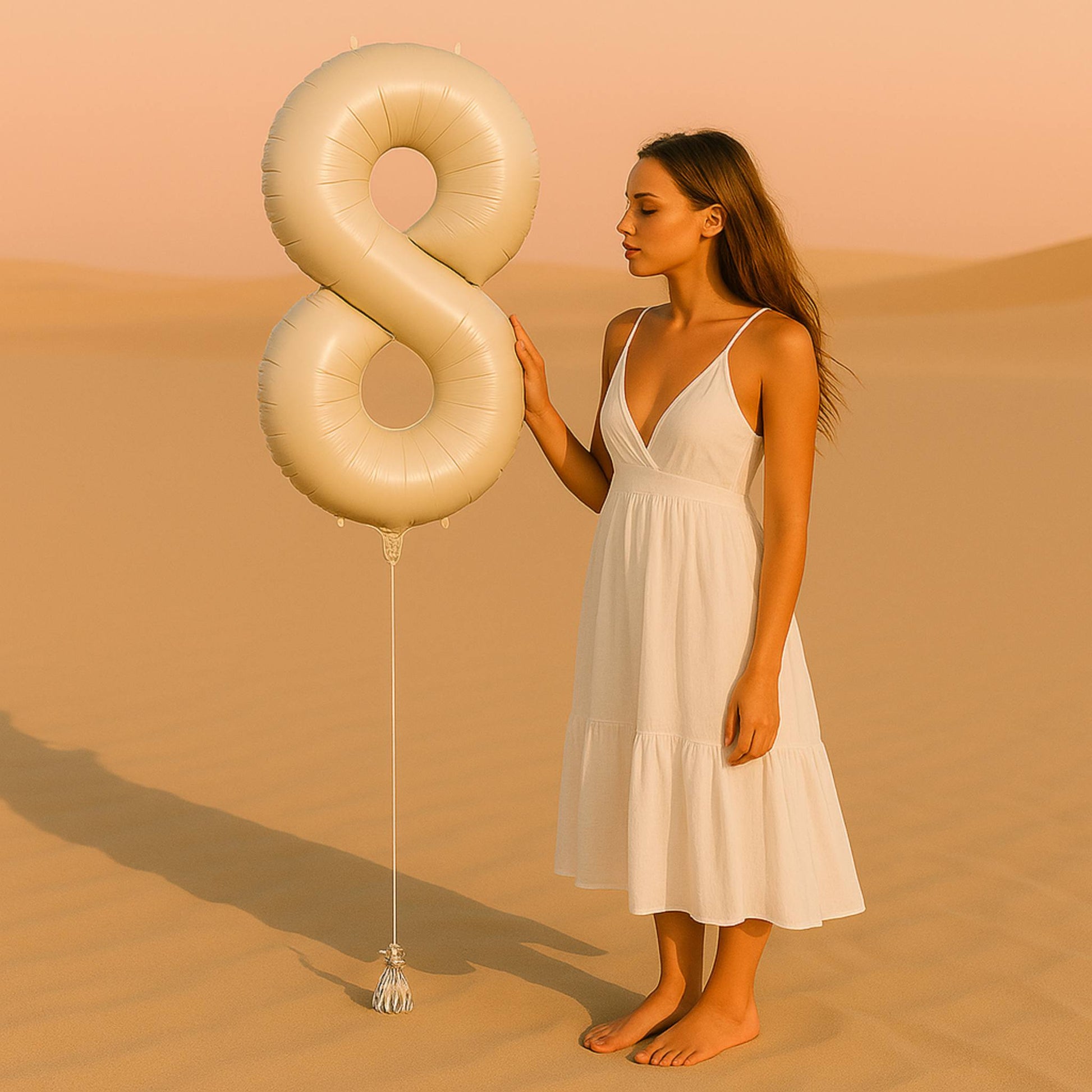 Woman in a white dress holding a large beige balloon shaped like the number '8' in a desert setting.