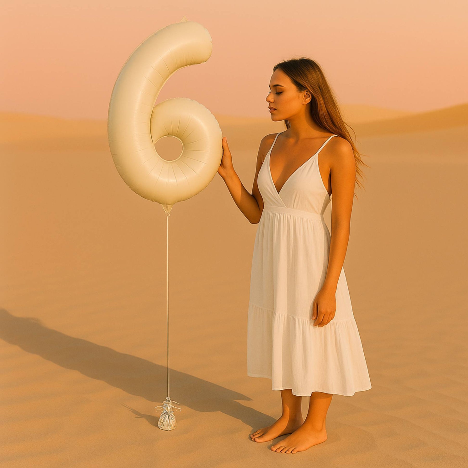 Woman in a white dress holding a large balloon shaped like the number '6' in a desert setting.