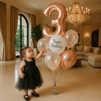 Child in a black dress holding rose gold balloons with 'Happy Birthday' text in a luxurious living room.