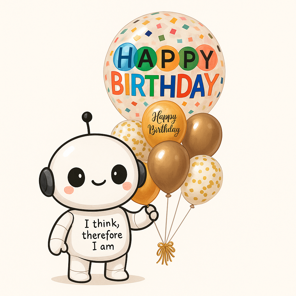 A playful image featuring a 'Happy Birthday' confetti bubble balloon bouquet with gold and multicolored balloons, positioned in a outdoor setting with a iconic building in the background. The balloons are accompanied by a costumed character riding a scooter and a large inflatable crocodile.