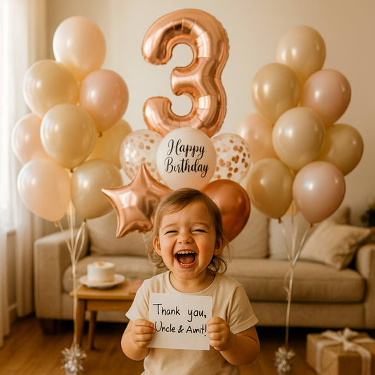 Child celebrating a birthday with balloons and a number three foil balloon, holding a thank you card.
