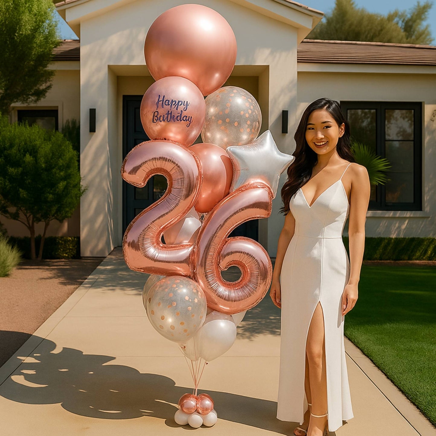 Woman in a white dress standing next to a large 'Happy Birthday' balloon bouquet with number balloons in front of a house.