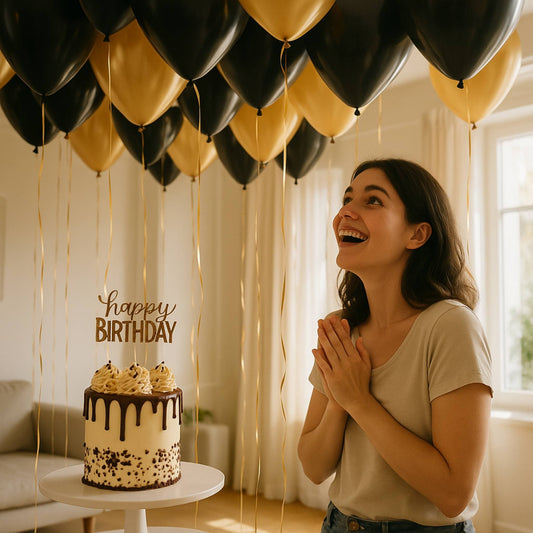 Woman celebrating birthday with black and gold balloons and a cake.