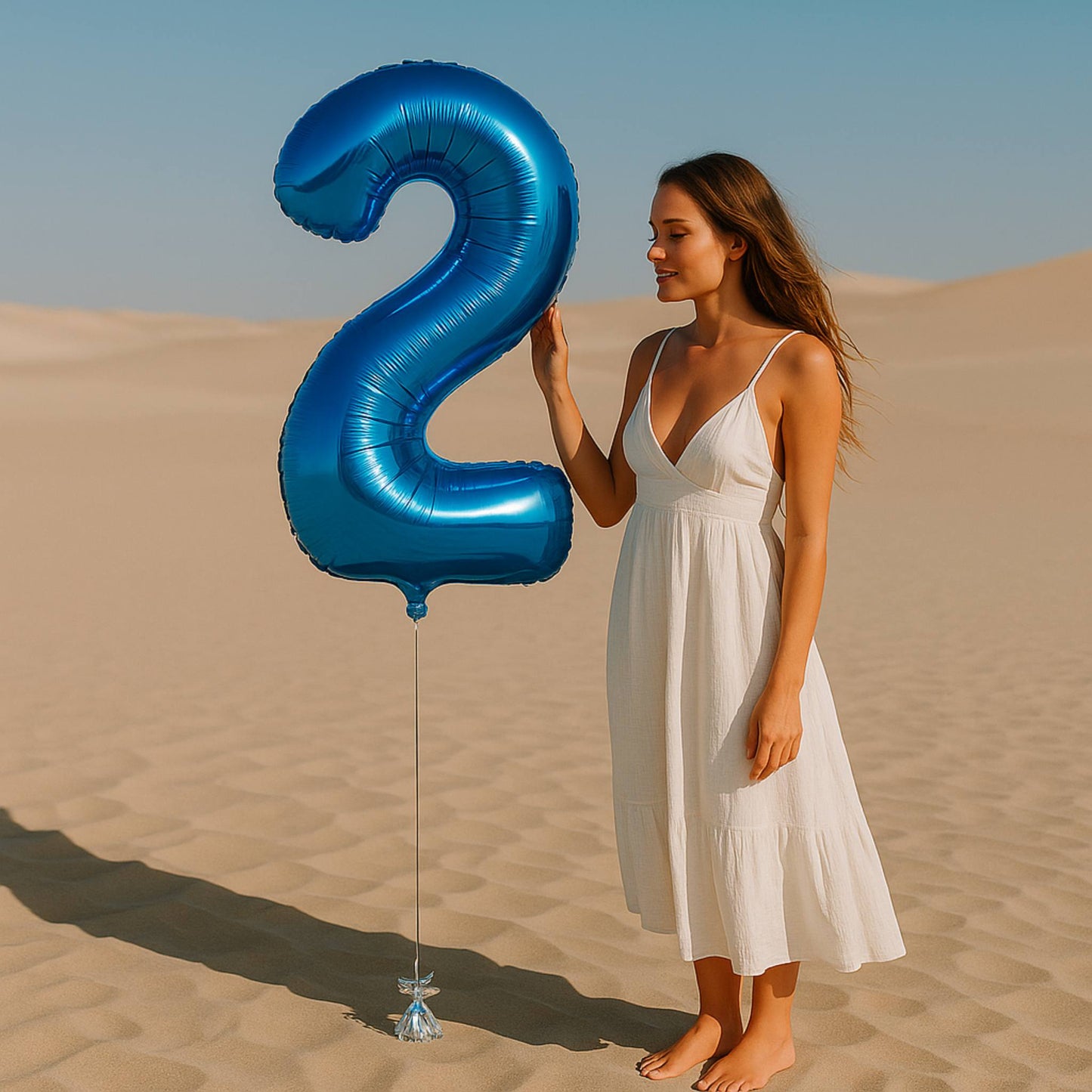 Woman in a white dress holding a large blue number two balloon in a desert setting