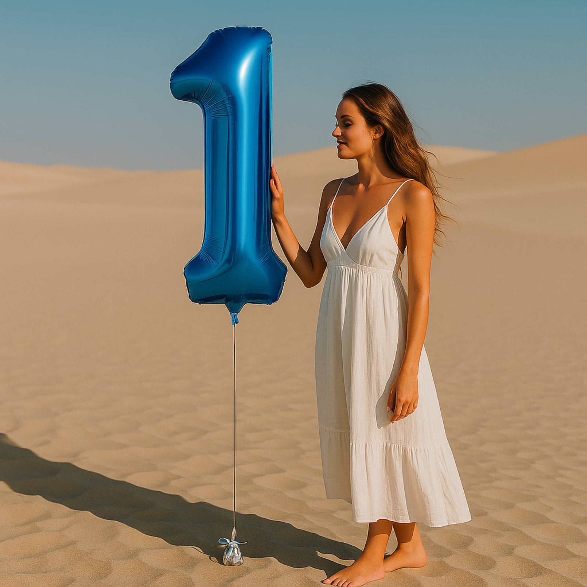 Woman in a white dress holding a blue balloon shaped like the number '1' in a desert setting