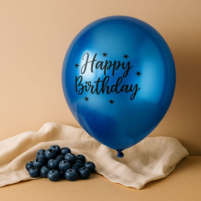 Blue balloon with 'Happy Birthday' text on a beige background with blueberries.