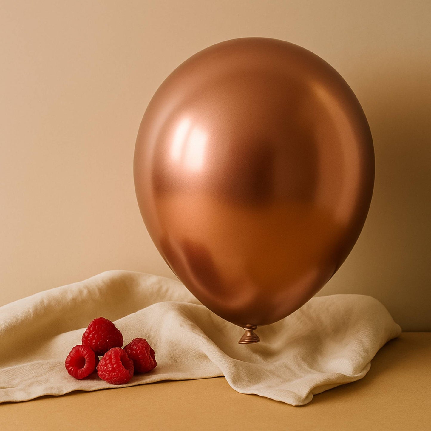 Bronze balloon and raspberries on a beige cloth against a beige background