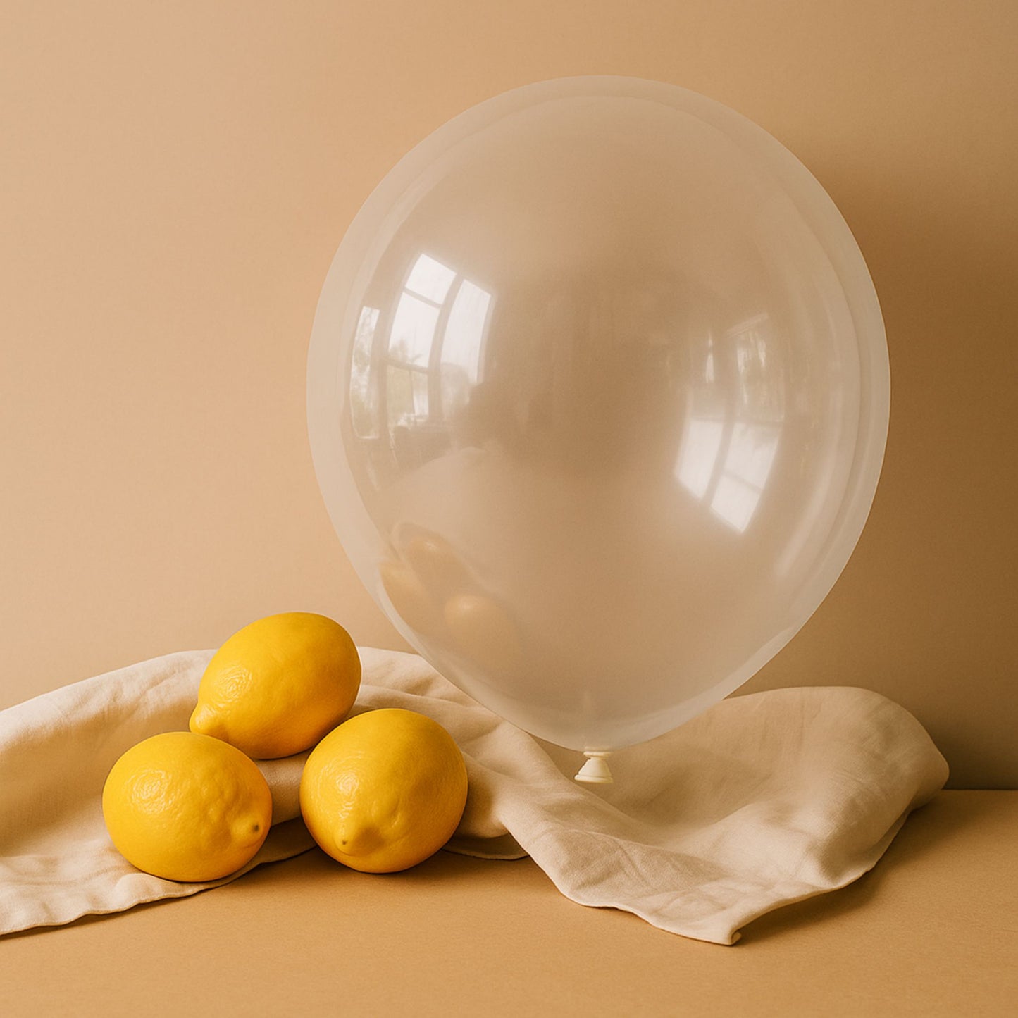 White clear balloon and lemons on a beige surface with a beige background