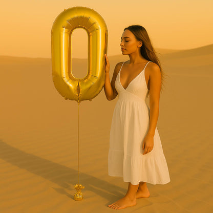 Woman in a white dress holding a large gold number with gold weight number zero balloon in a desert setting.