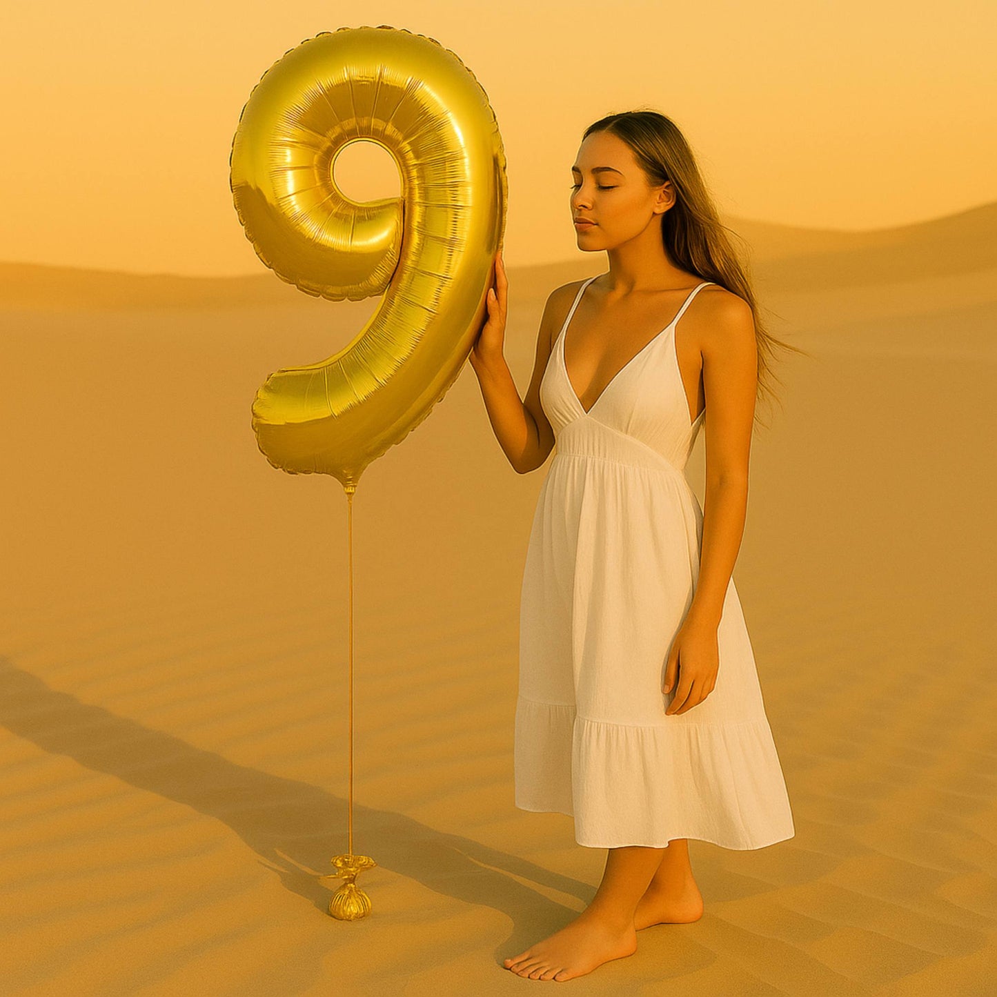 Woman in a white dress holding a large gold number 9 balloon in a desert setting