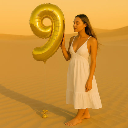 Woman in a white dress holding a large gold number 9 balloon in a desert setting