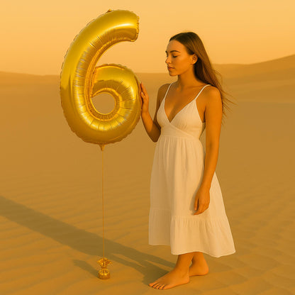Woman in a white dress holding a large gold number '6' balloon in a desert setting