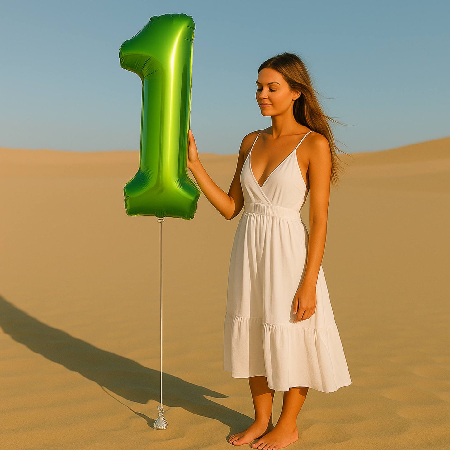 Woman in a white dress holding a green balloon shaped like the number '1' in a desert setting