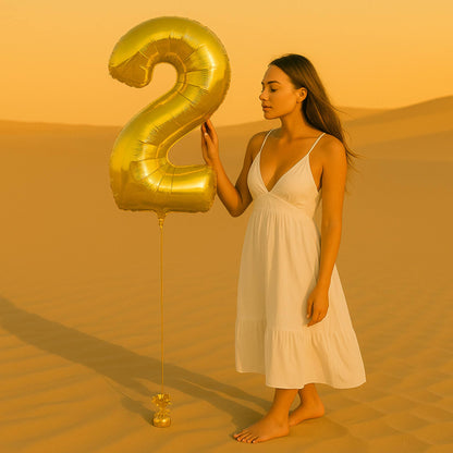 Woman in a white dress holding a gold number two balloon in a desert setting