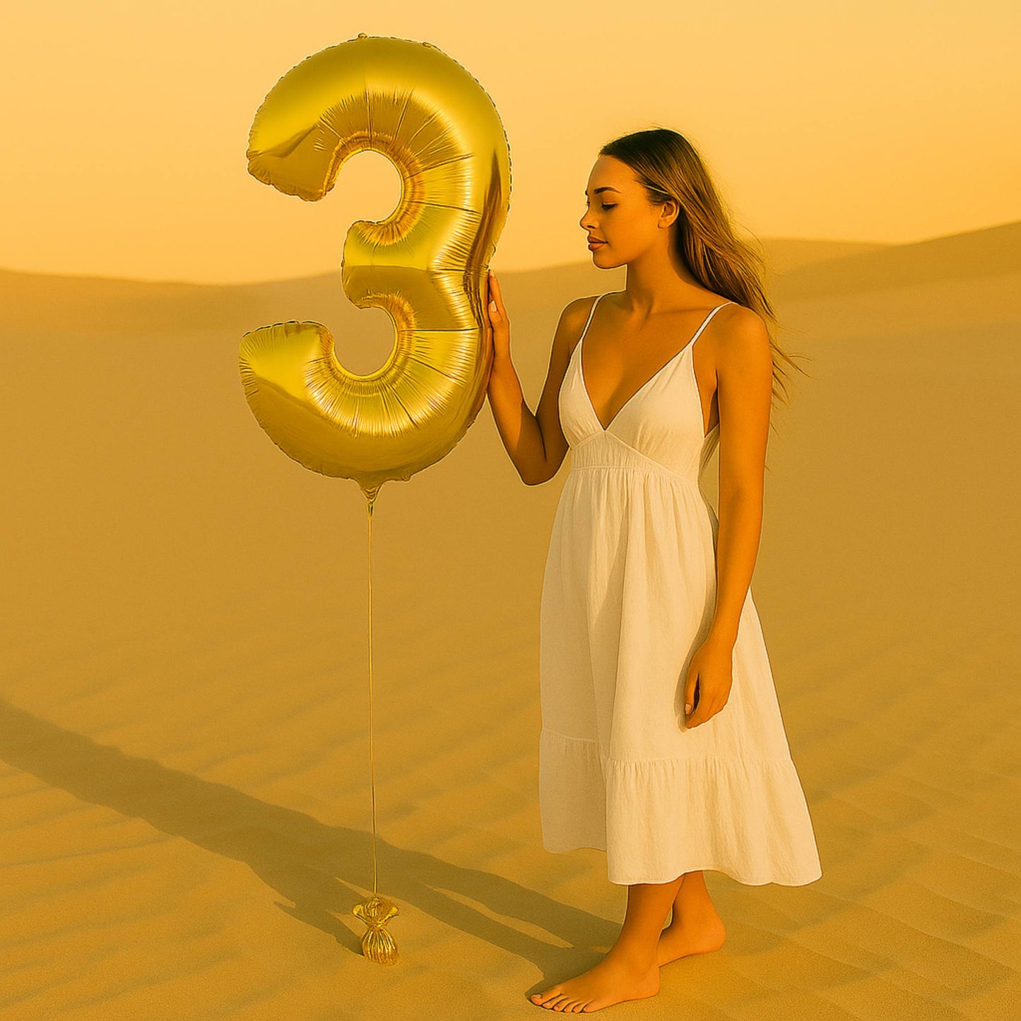 Woman in a white dress holding a gold large number three balloon in a desert setting