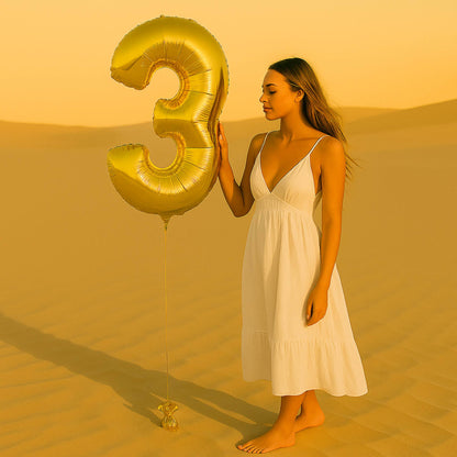 Woman in a white dress holding a gold large number three balloon in a desert setting
