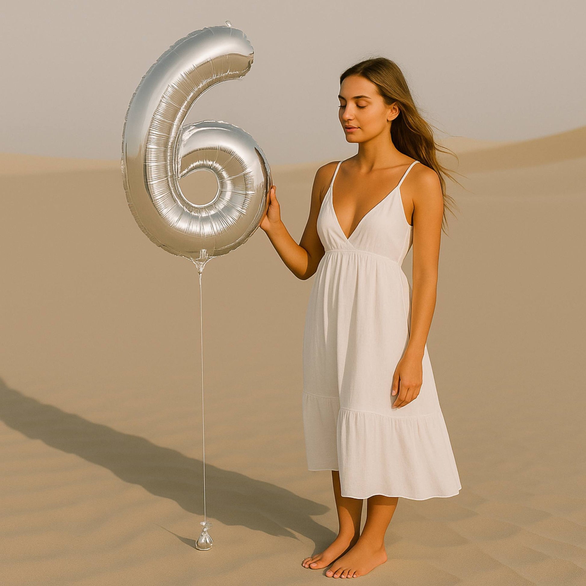 Woman in a white dress holding a silver balloon shaped like the number six in a desert setting