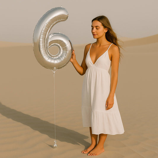 Woman in a white dress holding a silver balloon shaped like the number six in a desert setting
