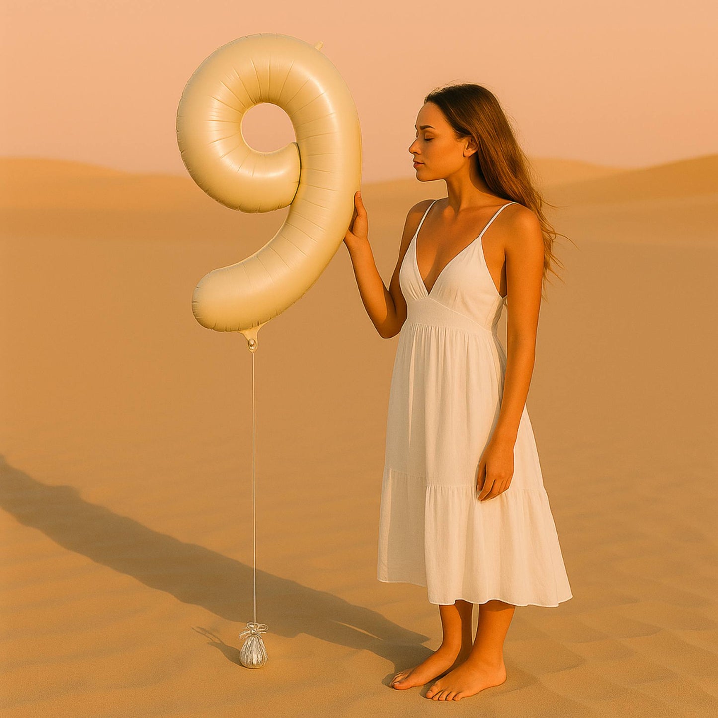Woman in a white dress holding a large beige balloon shaped like the number '9' in a desert setting.