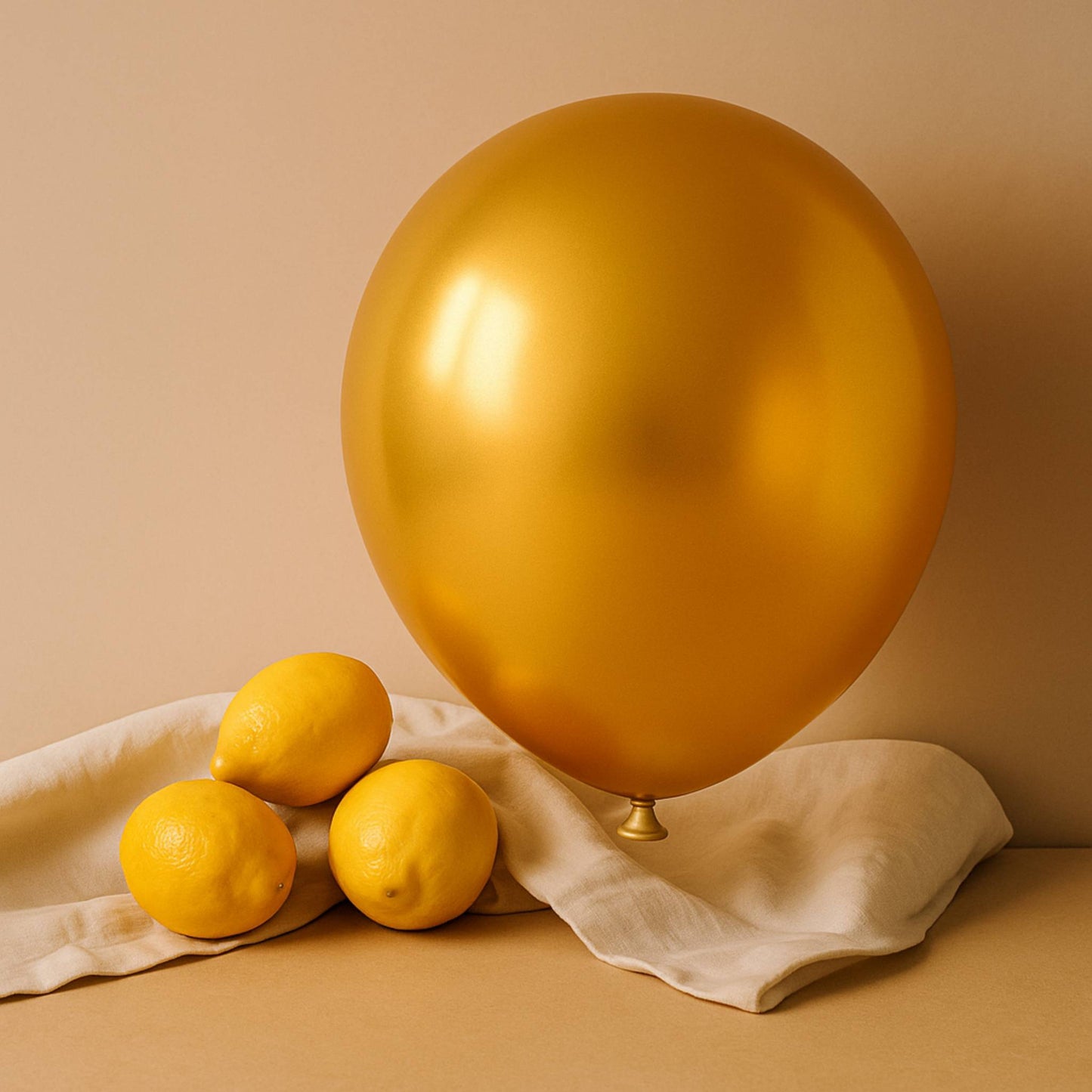 Gold 11 inch helium balloon and lemons on a beige surface with a beige background