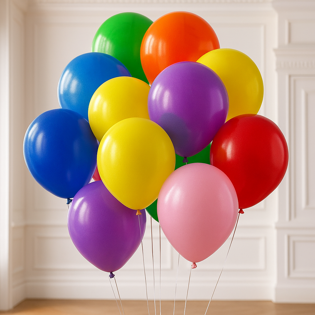 Bunch of colorful balloons against a white wall