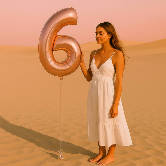 Woman in a white dress holding a large rose gold number '6' balloon in a desert setting.