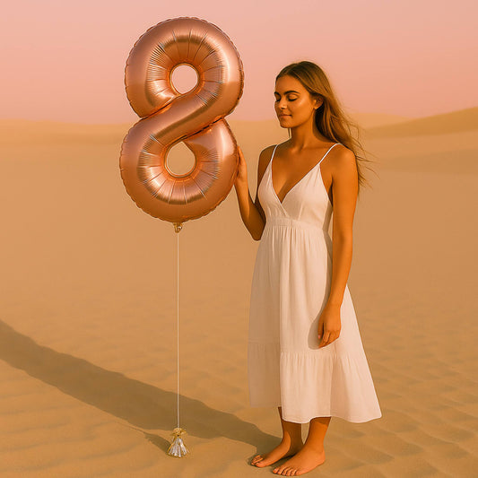 Woman in a white dress holding a large rose gold number 8 balloon in a desert setting