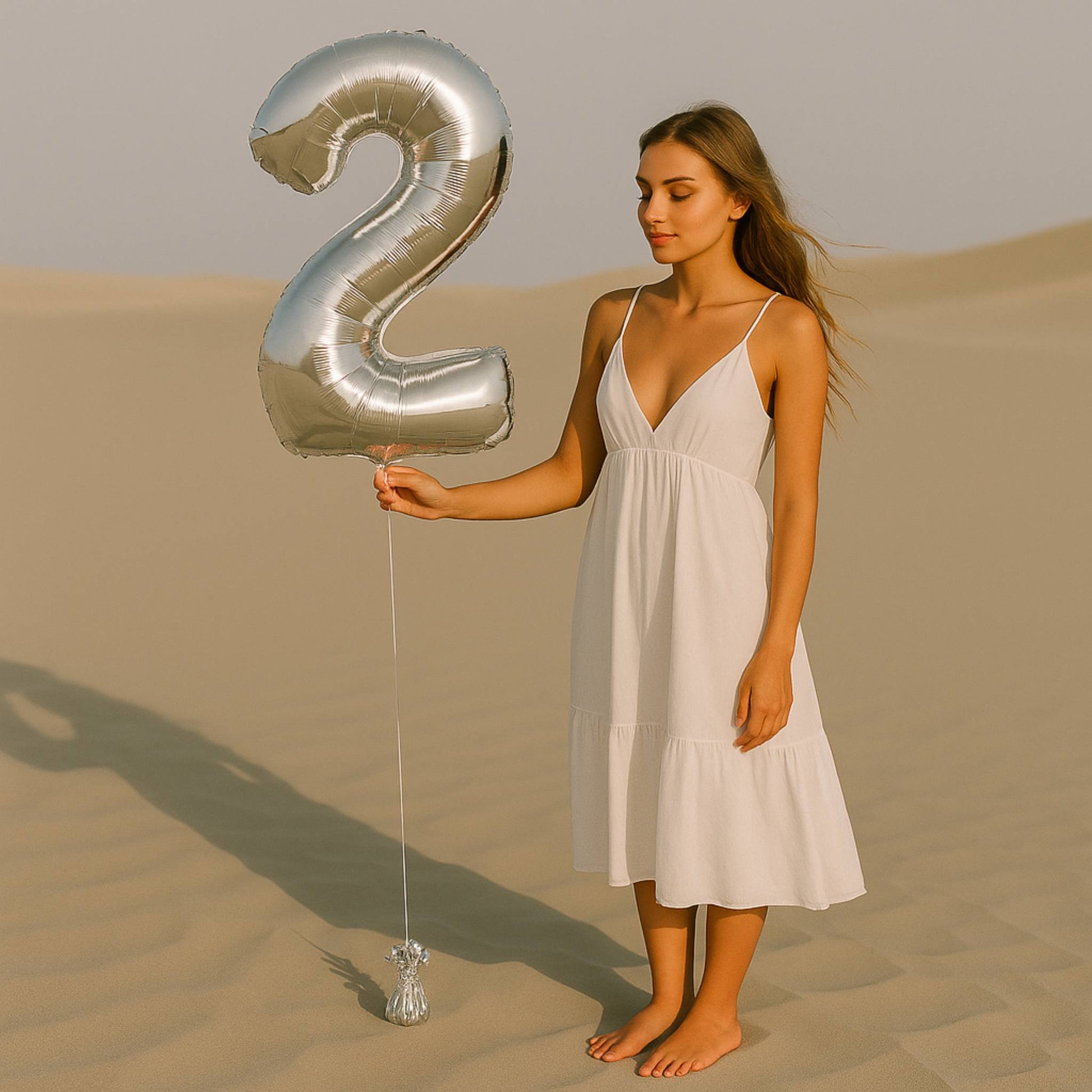 Woman in a white dress holding a large silver balloon shaped like the number '2' in a desert setting.