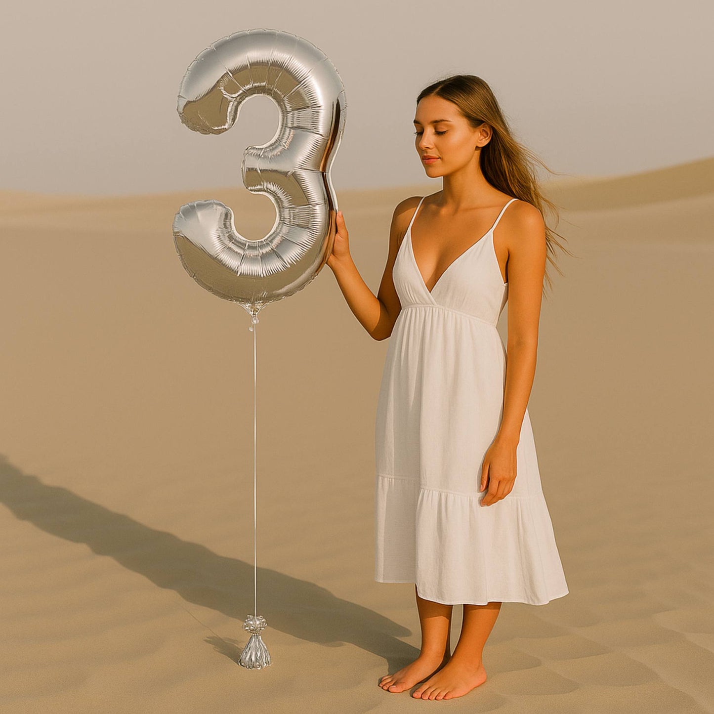 Woman in a white dress holding a large silver number three balloon in a desert setting