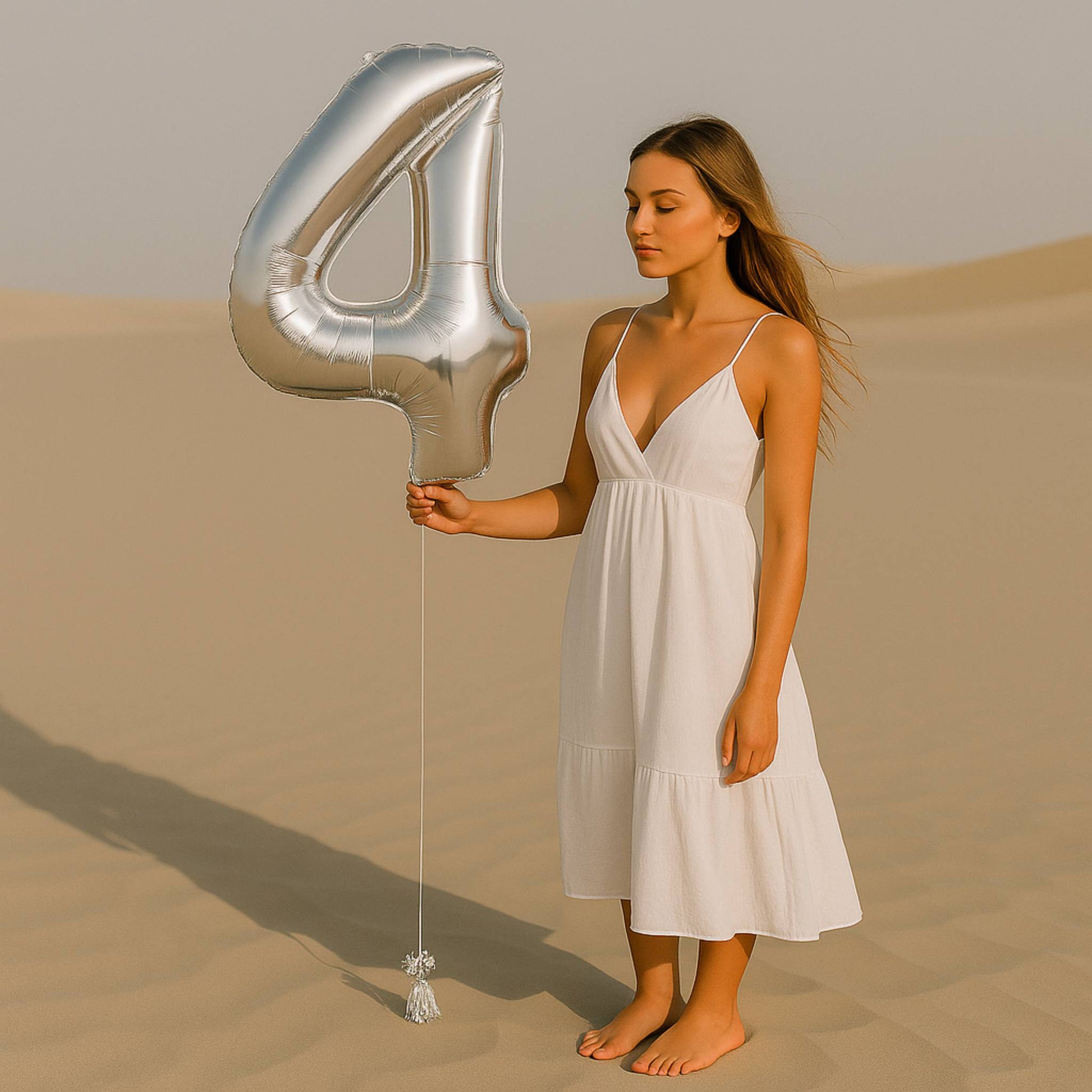 Woman in a white dress holding a large silver number '4' balloon in a desert setting