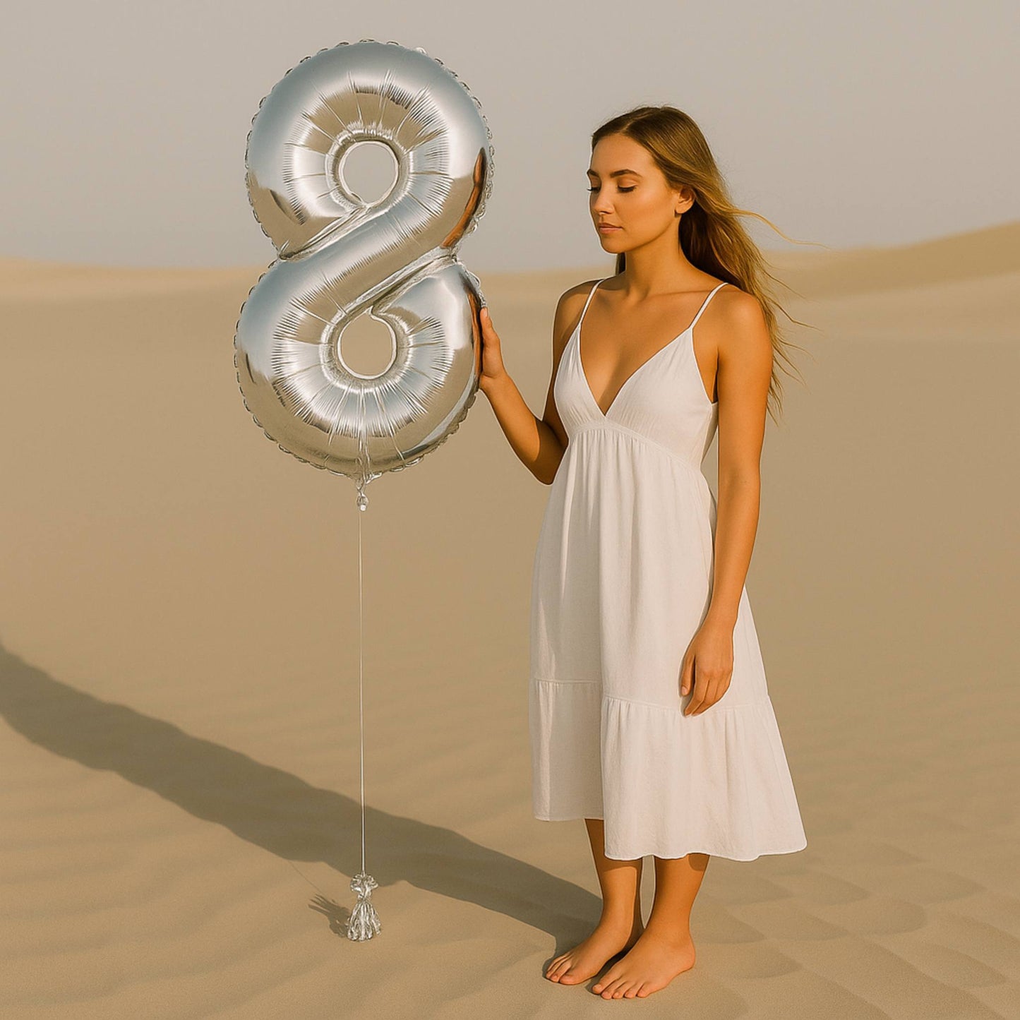 Woman in a white dress holding a large silver number 8 balloon in a desert setting