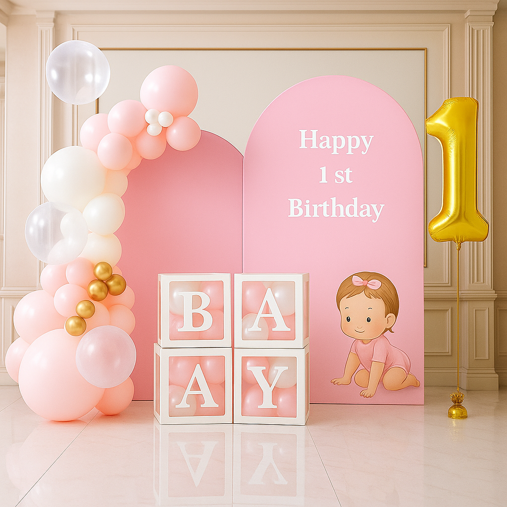 Birthday decoration set with pink arch, balloons, and 'Happy 1st Birthday' sign.