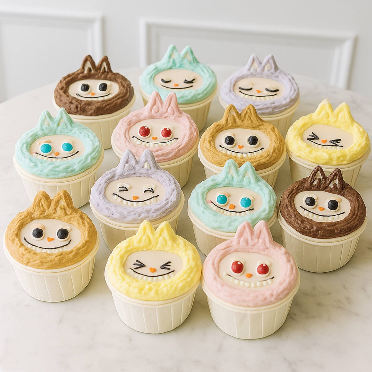 Row of cupcakes with Labubu face designs on a marble surface