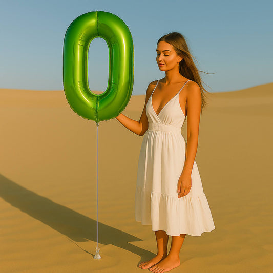 Woman in a white dress holding a large green number zero balloon in a desert setting