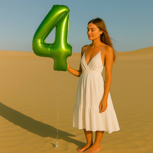 Woman in a white dress holding a large green number '4' balloon in a desert setting