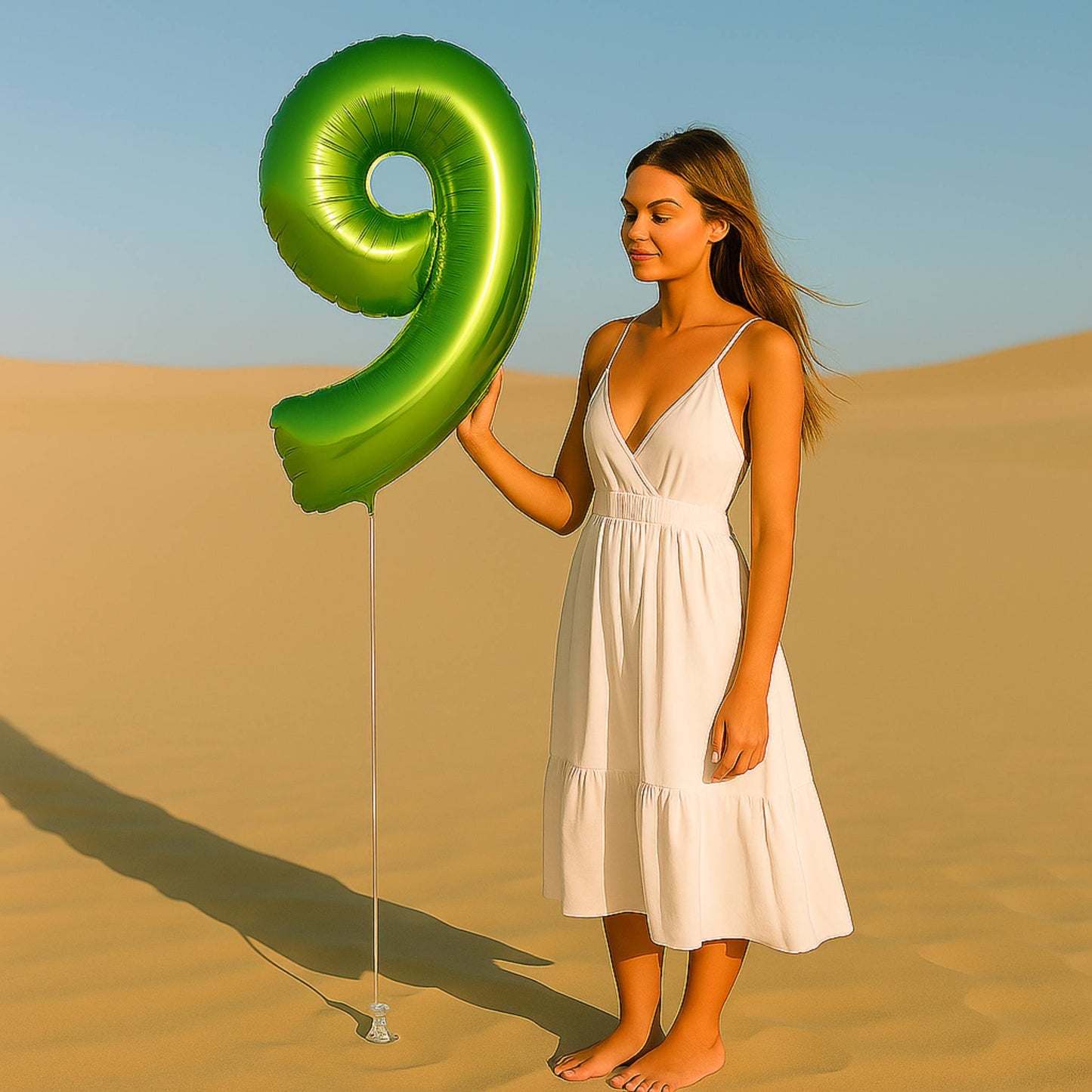 Woman in a white dress holding a large green number 9 balloon in a desert setting