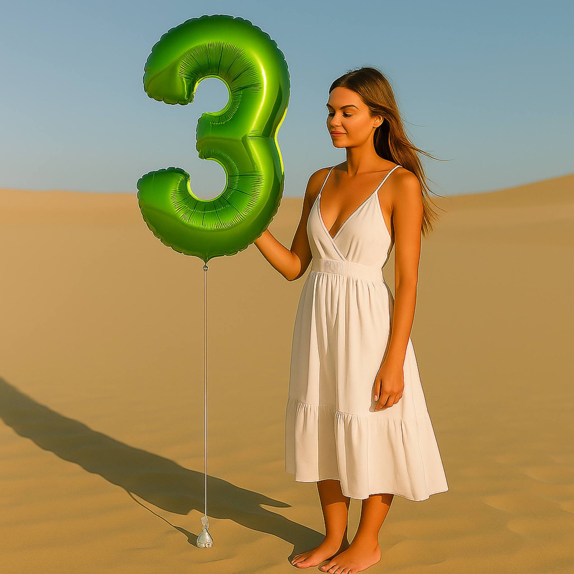 Woman in a white dress holding a large green number three balloon in a desert setting