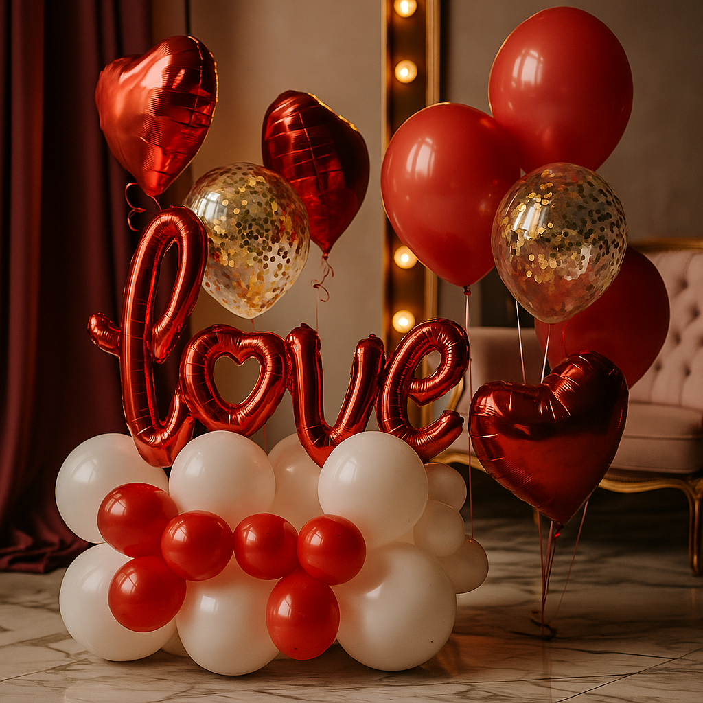Decorative balloon arrangement with 'LOVE' text and heart shapes in a room setting.