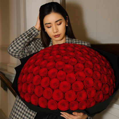 Woman holding a large bouquet of red roses.
