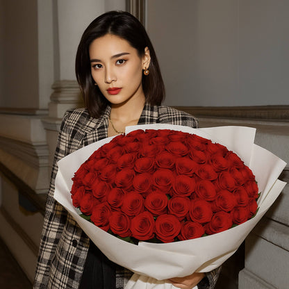 Woman holding a large bouquet of red roses indoors