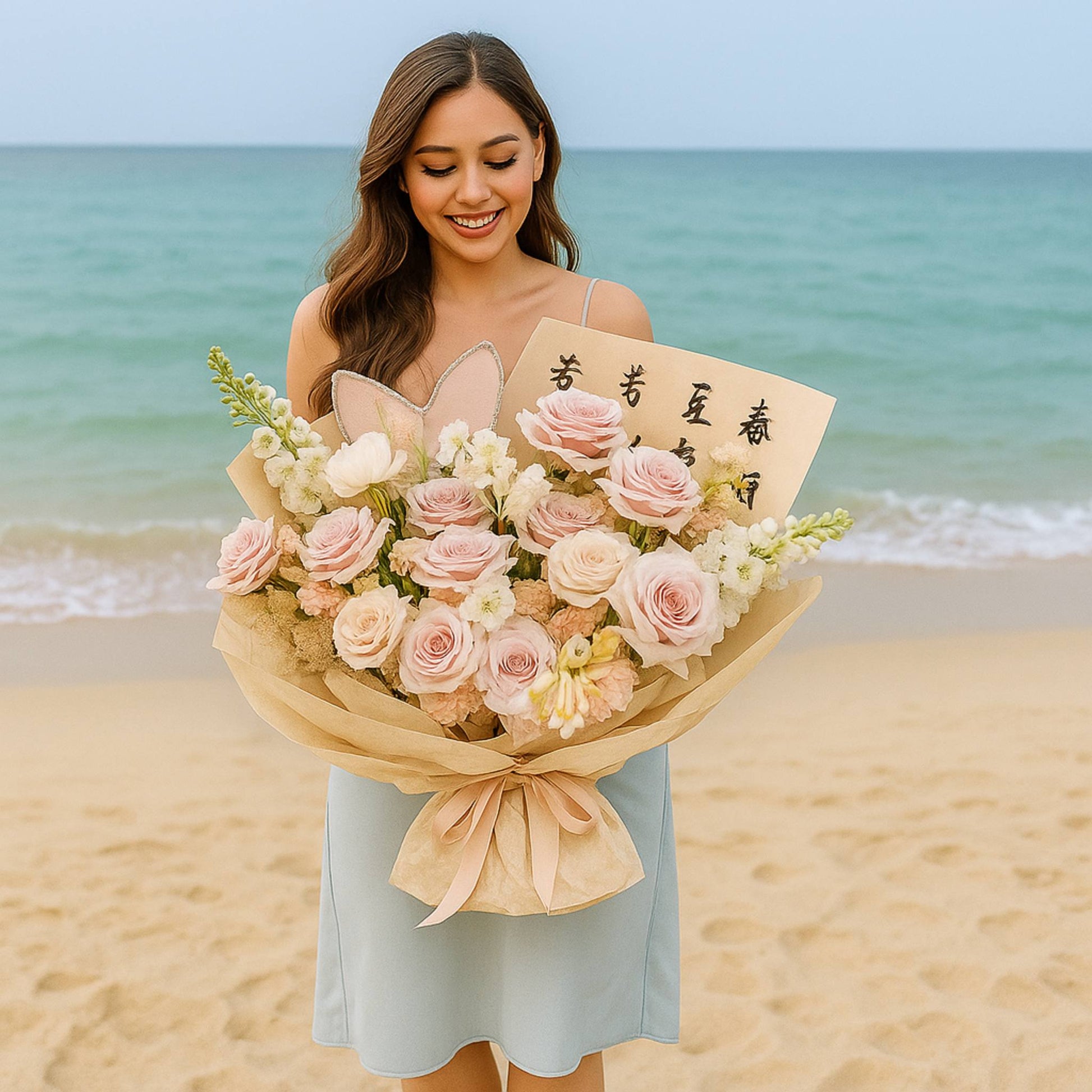 Woman holding a bouquet of flowers on a beach