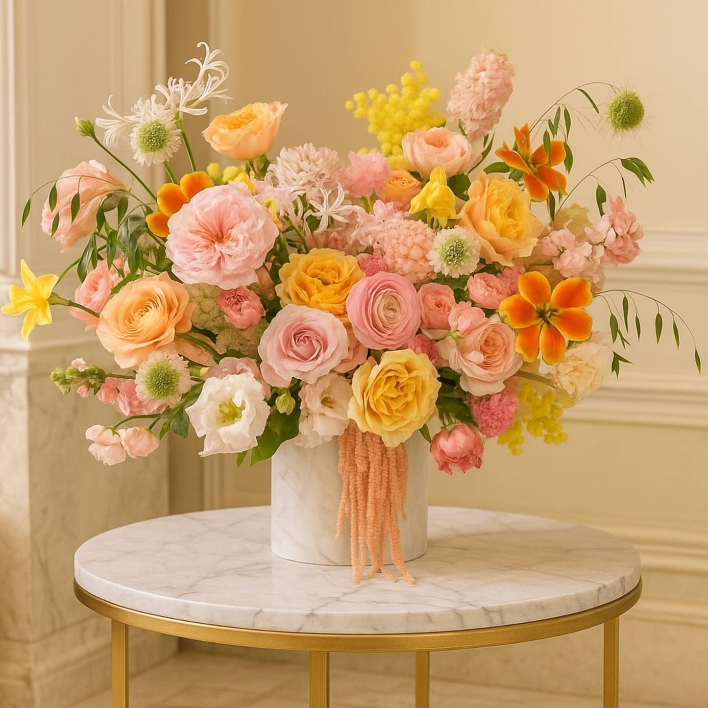 Bouquet of colorful flowers in a white vase on a marble table with a beige wall background